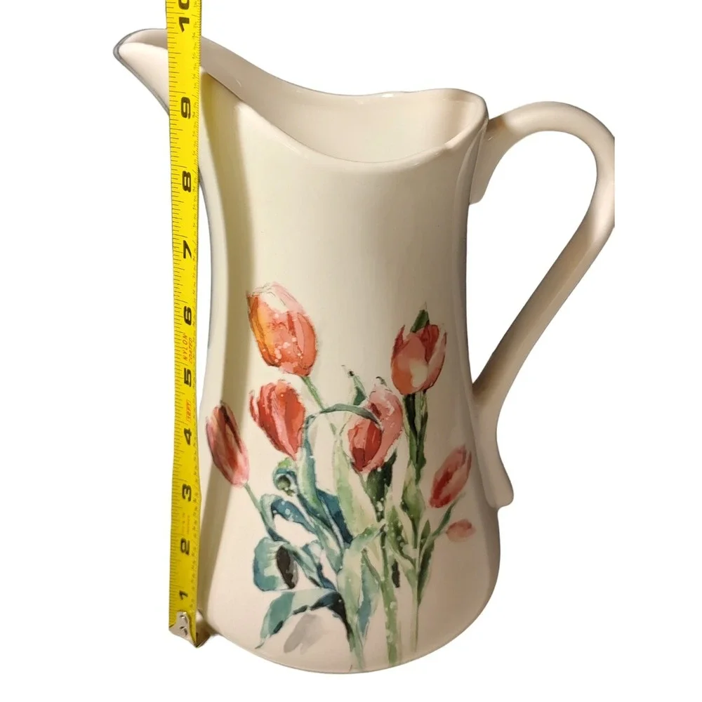 Pier 1 Imports Pitcher Retired Spring Floral Tulips Pink‎ Ironstone Water 9.5 in